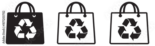 Graphic shopping bag icon set featuring variations of recycling symbols for sustainable shopping and environmental initiatives