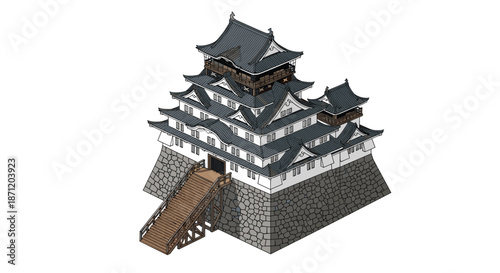 Detailed illustration of a traditional multi-story japanese castle with stone foundations and dark tiled roofs representing historic architecture.