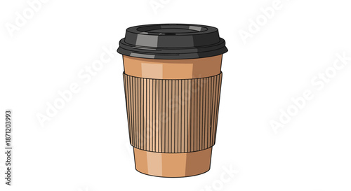 Disposable paper takeaway coffee cup with a brown protective sleeve and black plastic lid for caffeine beverages and cafe branding mockups.