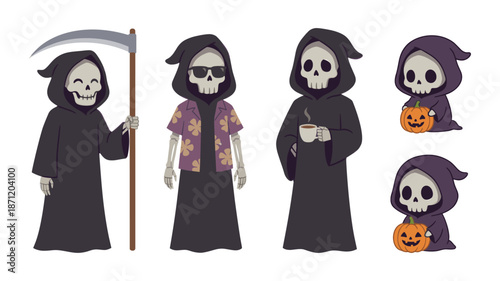 Grim reaper skeleton cartoon characters set with pumpkins