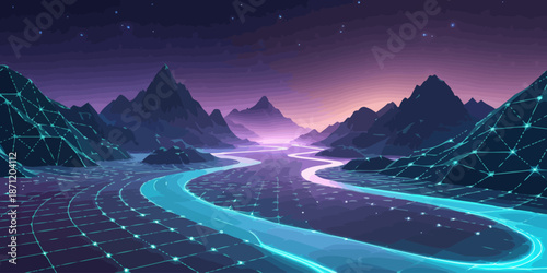 Futuristic neon landscape with glowing grid road mountains and starry purple sky in cyberpunk scene