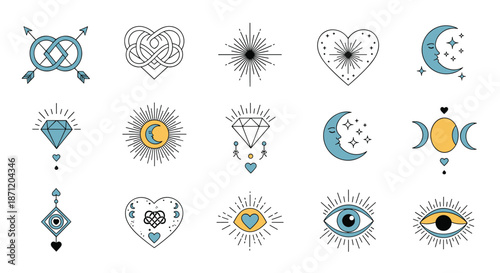 Selection of gold and blue mystical symbols like eyes and moon phases for spiritual and astrological designs and modern aesthetic tarot card layouts.