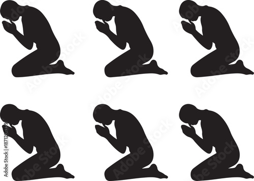 Six silhouettes of people kneeling in prayer a display of devotion