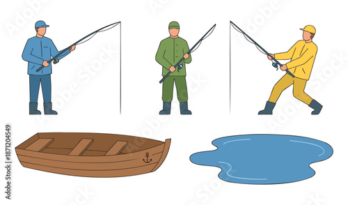 Fisherman vector set with fishing rod