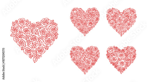 Decorative rose heart vector set representing romance, floral love, and Valentine’s Day design elements