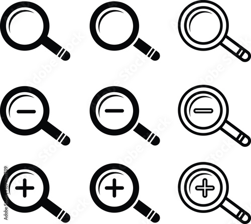 A sleek collection of nine magnifying glass icons featuring search, zoom-in, and zoom-out functions. The set showcases a progression of line weights—from bold and solid to refined triple-outlines—all 