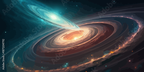 Vibrant spiral galaxies colliding in stunning cosmic dance with swirling nebula and stars