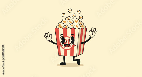Retro style popcorn bucket cartoon character with a happy face and waving hands on a warm cream background in a classic animation style.