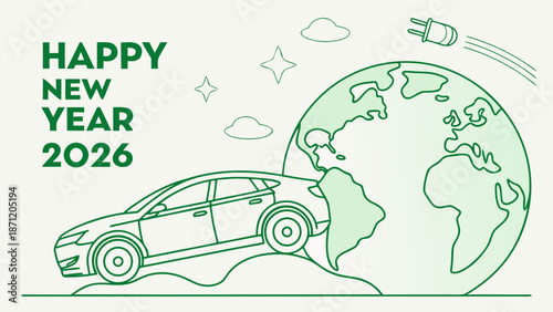 Happy new year 2026 eco friendly car driving around the world with green globe and plug