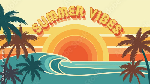 Retro summer illustration with palm trees wave and sunset background in warm tones