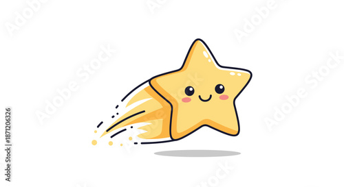 Adorable yellow shooting star cartoon character with a happy face and a glowing trail flying across a white background.