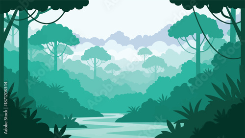 A serene illustration of a lush green jungle landscape with a flowing river