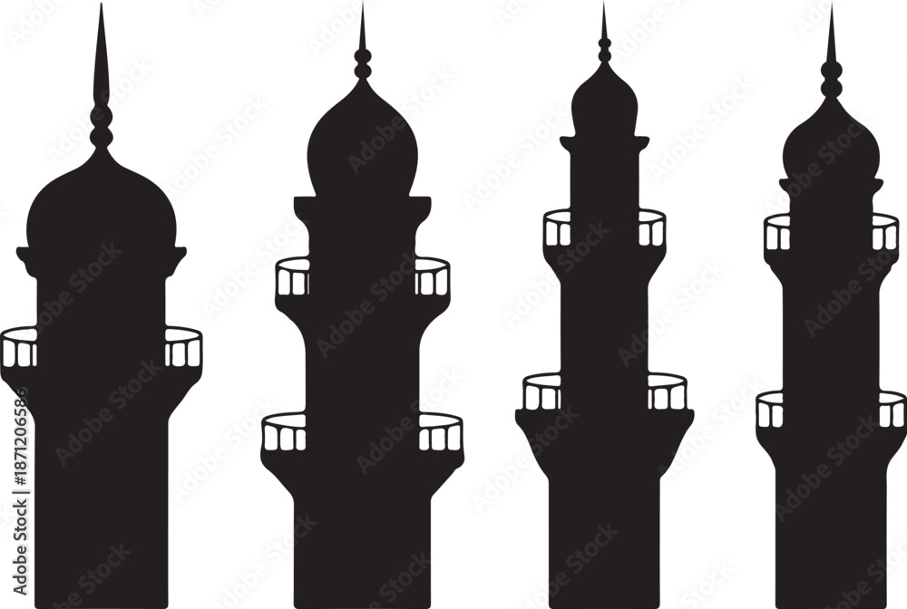 Obraz premium Silhouettes of four islamic minarets against a plain white background