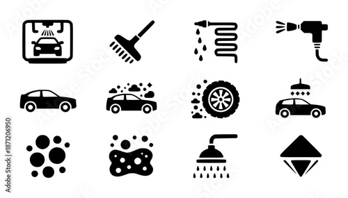 Collection of black car wash and symbols including car wash machine hose and sponge vehicle clean