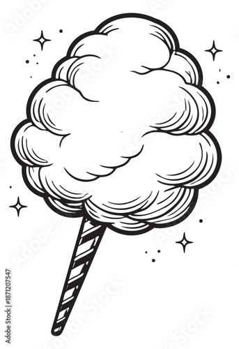 Hand drawn line art illustration of cotton candy depicting a fluffy sugary treat for fairground fun