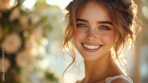 Young woman with elegant updo hairstyle smiling outdoors in natural sunlight, showing joy and happiness in bridal or formal setting