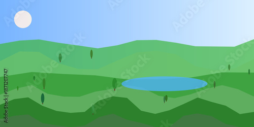 Serene pond in rolling hills