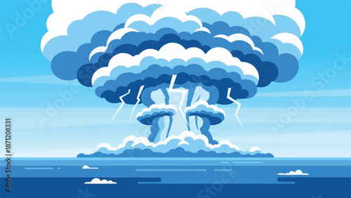 A dramatic illustration depicts a large blue mushroom cloud rising above the ocean horizon