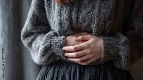 Woman holding her stomach with both hands, experiencing discomfort and pain from abdominal cramps, potentially caused by indigestion, period pain, or a general illness