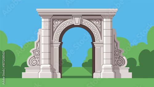 An ornate stone archway stands prominently against a bright blue sky and lush greenery