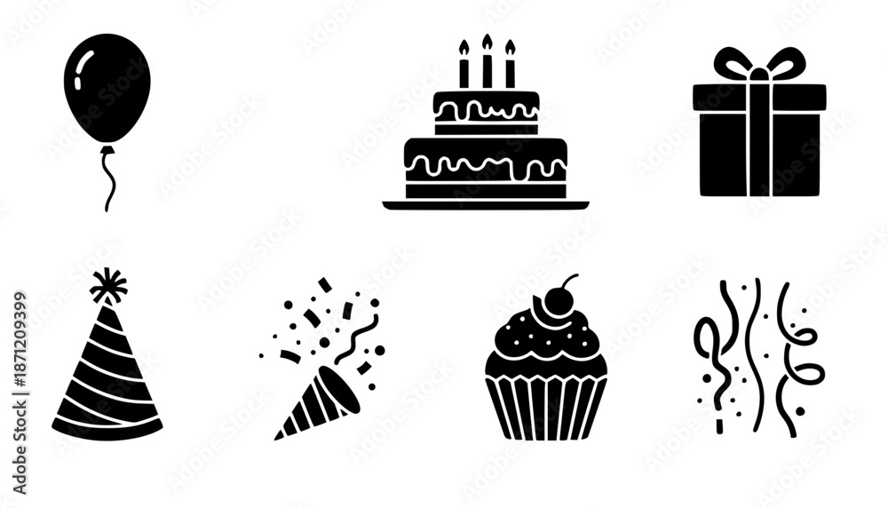Obraz premium Celebration and party silhouette icon set – filled style festive, event, and birthday symbols for joyful occasions: balloon, cake, gift, hat, confetti, cupcake, streamers.