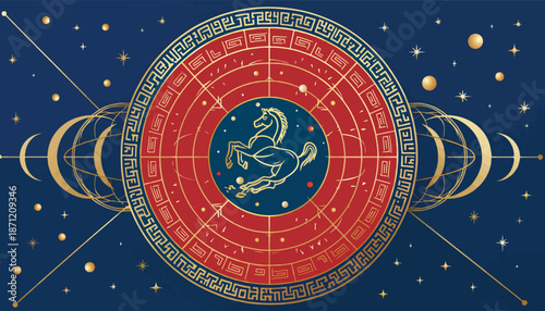 Intricate Celestial Horse Zodiac Symbol in Red and Gold.