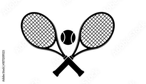 Two tennis rackets with a tennis ball in the middle. The rackets are crossed over each other
