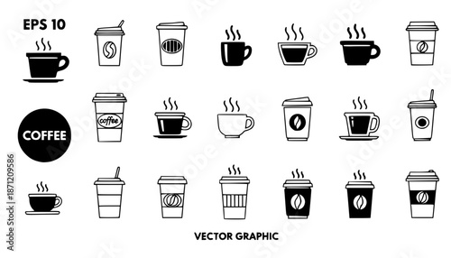 Coffee cup icon set. Cups of coffee tea collection. Hot drink icon. Disposable cup. Cup coffe with steam. Flat style. Vector Illustration. Vector Graphic. EPS 10