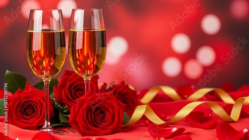 Romantic valentine's day setup with champagne and roses