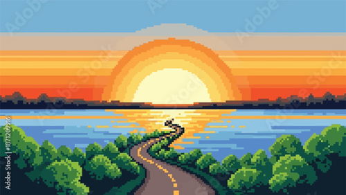 Pixel art landscape depicting a winding path towards a vibrant sunset over water
