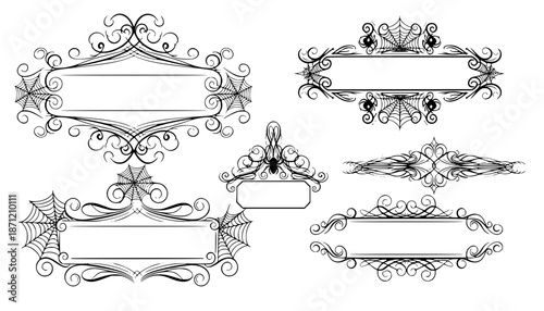 Halloween split monogram frame with spider web, ornate swirling decorative elements, fancy curls, line Calligraphy filigree scroll
