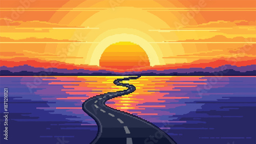 A winding road leads towards a vibrant sunset over calm water pixel art style