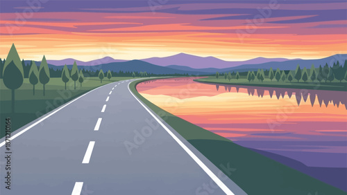 A winding road follows a vibrant river toward distant mountains under a colorful sunset