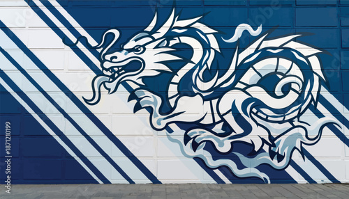 Dynamic blue and white dragon mural on a wall.