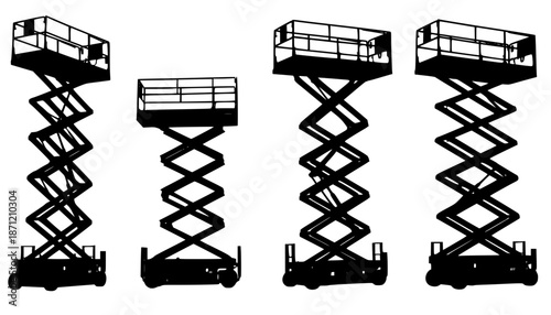 set of scissor lift machine silhouette, black and white silhouette, vector and illustration
