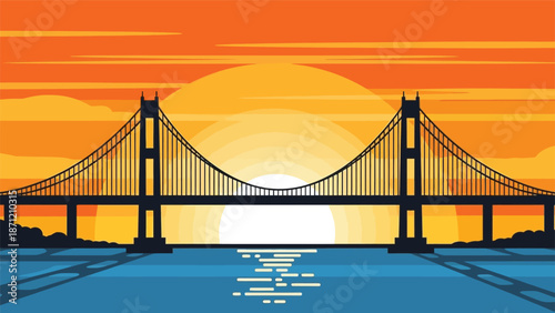 Golden gate bridge silhouette against a vibrant sunset over calm ocean waters