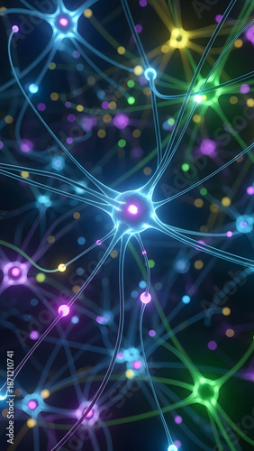 Abstract rendering of connected neurons transmitting electrical impulses representing complex brain activity and neural networks in a biological or digital context