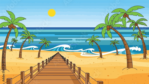 A serene tropical beach scene with palm trees a wooden walkway and calm blue waters