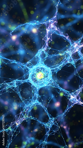 Complex network of neural connections with glowing lines and points represents artificial intelligence brain function and data processing in a digital world