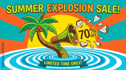 Summer Explosion Sale - 70% Off Limited Time Offer with Tropical Palm Tree and Megaphone Graphic
