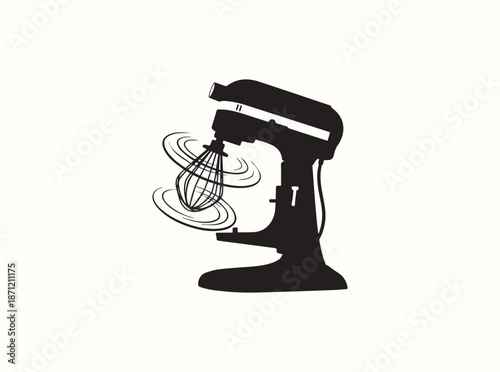 Commercial kitchen mixer silhouette in action, whisking batter with motion lines, isolated on pure white
