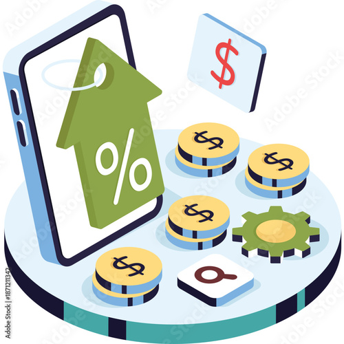 Mobile finance illustration with coins, percentage tag, and dollar sign
