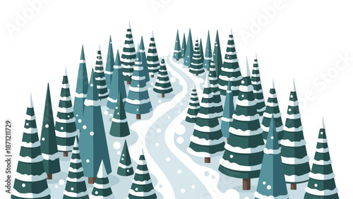 A winter landscape featuring a winding path through a dense forest of snow covered pine trees