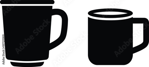 Two black silhouette travel mugs on white background