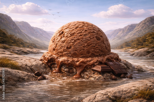 Surreal giant ice cream in natural landscape