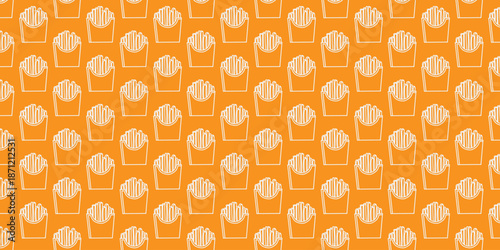 Crispy golden french fries arranged in a delightful and vibrant seamless pattern, ideal for restaurant branding, food packaging, menu designs, or playful culinary backgrounds
