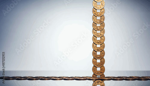 Stack of gold coins on reflective surface.