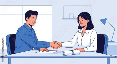 Successful business deal, two professionals shaking hands over contract agreement at desk