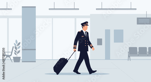 Stylized illustration of a pilot in uniform walking through an airport with luggage conveying
