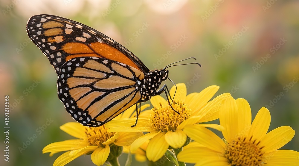 Fototapeta premium Close - up: Monarch Butterfly Perching on Yellow Flower, Focus on Wing and Petal Details, with Soft Light and Blurred Background